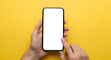 Hand Holding Smartphone with Blank Screen on Yellow Background