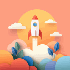 Modern vector art of a startup rocket launching up into sky with clouds representing progress vision entrepreneurship and success