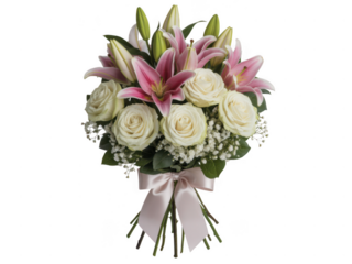 Beautiful pink lily and white rose bouquet with delicate ribbon bow