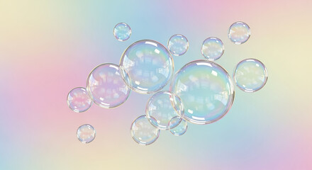 Iridescent soap bubbles floating on pastel rainbow background
