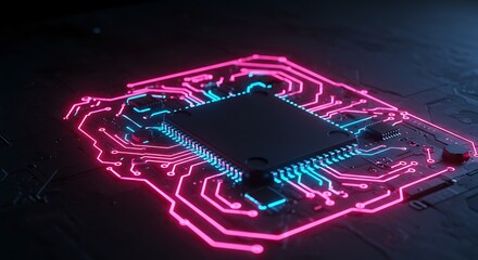Neon circuit board with processor on dark background