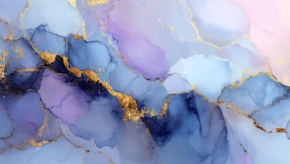 Luxury alcohol ink abstract background with elegant fluid blue and lilac marble texture and gold metallic accents