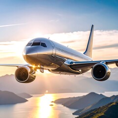 Jetliner soars over scenic fjords at sunset