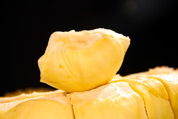 Fresh Golden Durian Fruit Flesh Segments - Thai Tropical Exotic Food on Black Background