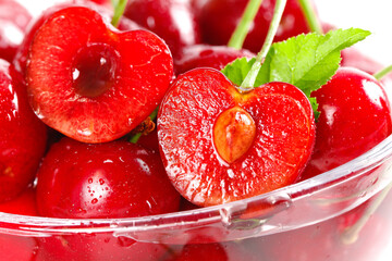 Fresh Red Cherries with Water Droplets in Glass Bowl - Healthy Fruit Background