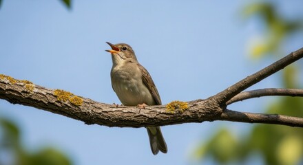 Close-up of a small brown songbird with an open beak, calling or singing, perched on a lichen-covered tree branch against a clear blue sky on a bright sunny day.