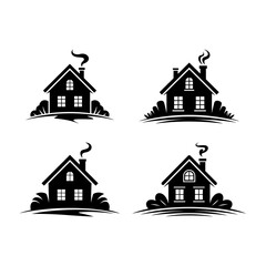 Fototapeta premium Modern home vector silhouette icon set, residential house symbols, real estate Line Icons, Building flat vector Icons illustration on transparent and editable logo with black logo white background