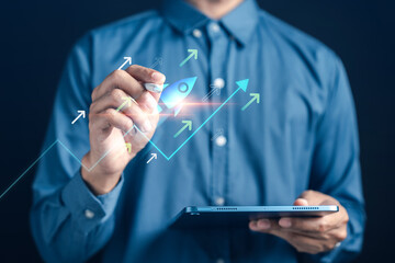 Startup planning and business growth strategy. Rocket with upward arrows and digital chart success, innovation, and financial progress. Ideal for business, marketing, and leadership content.