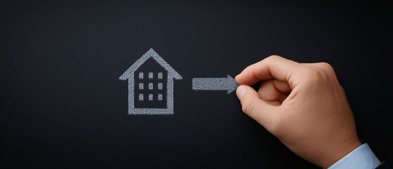 Business Or Real Estate Relocation Concept. Hand Moving An Arrow From A Building Icon. Planning A Career Development Path Or New Housing Investment.