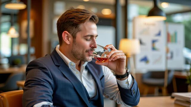 Confident man in blue suit holding whiskey, smiling in modern office with business charts, relaxed professional atmosphere, stylish cheerful demeanor