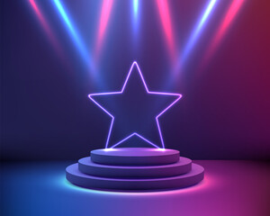 neon star stage with glowing spotlights on circular podium platform award ceremony concept vibrant showcase for modern product display