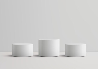 3d podium mockup with three white cylindrical pedestals for product display background minimal stage design clean showroom neutral geometry template presentation