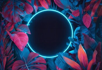 Tropical neon background with glowing blue circle frame surrounded by vibrant pink and magenta jungle leaves