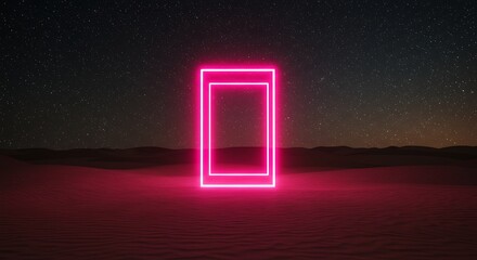 Neon frame illuminated against night sky background with minimalist landscape