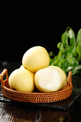 Fresh White Crown Pears from Hebei in Wicker Basket - Organic Fruit Still Life