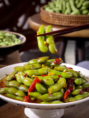 Spicy Cold Edamame Beans Shandong Style - Traditional Chinese Appetizer with Chopsticks