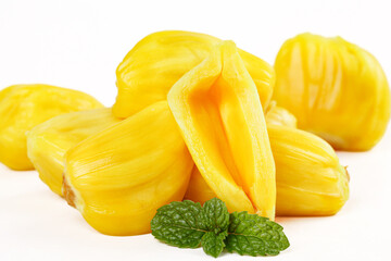 Fresh Yellow Jackfruit Segments with Mint Leaves on White Background