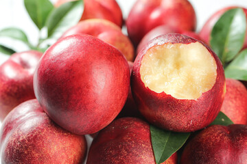Fresh Red Nectarines with White Flesh Cut in Half Showing Juicy Interior