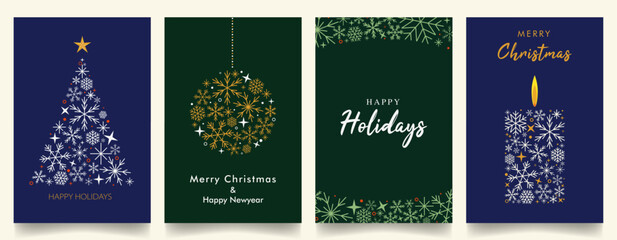 Artistic Holiday Card Templates with Snowflakes, Christmas Trees and Ornaments with Copy Space