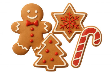 Festive gingerbread cookies including smiling man, christmas tree, star, and candy cane shapes, celebrating winter holidays