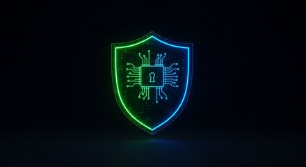 Neon shield with circuit board and lock symbol on black background