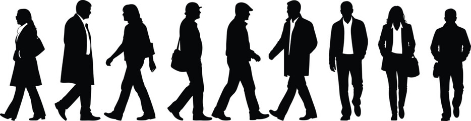 Silhouette people walking, business professionals, urban pedestrians, corporate attire, diverse individuals, modern crowd, city commuters, anonymous figures, teamwork, lifestyle
