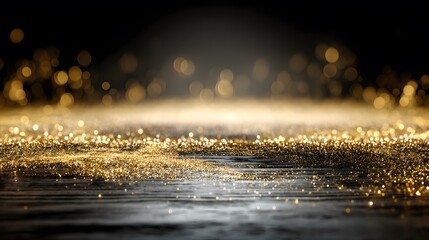 Golden glitter particles scattered on a dark, reflective surface with bokeh lights
