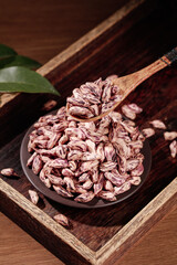 Colorful Striped Pinto Beans in Wooden Spoon - Homegrown Legumes and Organic Farming Kernels