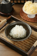 Dried Silver Glutinous Fungus Traditional Asian Cuisine Ingredient with Tea Set Display