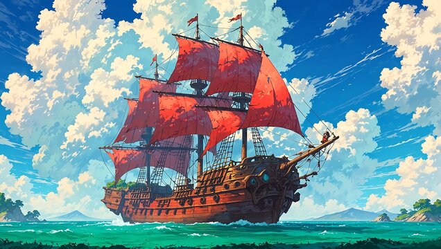 Anime Fantasy Pirate Ship with Red Sails on the Ocean - Powered by Adobe