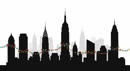 Fototapeta premium New york city skyline silhouette decorated with christmas lights garland