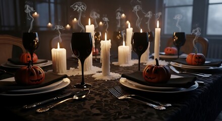 A Halloweenthemed dinner table is set with pumpkins wine glasses candles and silverware on a dark tablecloth