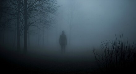 A shadowy figure stands in a foggy forest surrounded by bare trees and dense mist