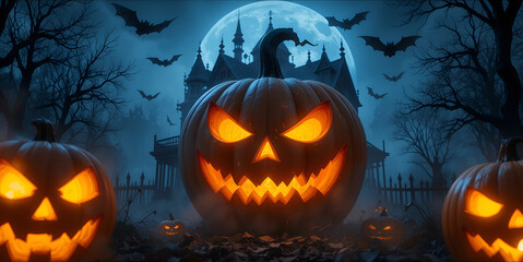 Fototapeta premium Haunted House and Glowing Pumpkin – Misty Halloween Night Artwork
