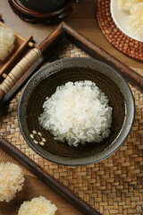 Dried White Snow Fungus in Traditional Bowl Asian Cooking Ingredient