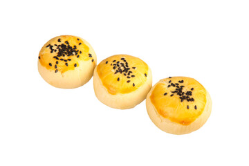 Golden Egg Custard Tarts with Black Sesame Seeds on White Background - Traditional Asian Pastry Dessert