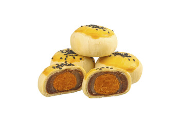 Chinese Mooncakes with Egg Yolk Filling and Black Sesame Seeds on White Background