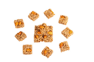 Homemade Granola Bars with Nuts and Seeds on White Background
