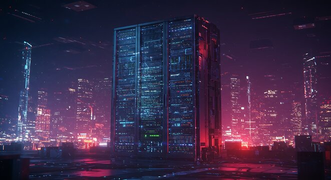 Server room infrastructure displayed in a futuristic city at night