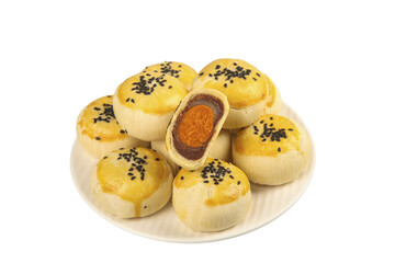 Chinese Egg Yolk Pastries with Black Sesame Seeds - Traditional Asian Mooncake Style Desserts on White Plate