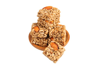 Handmade Sunflower Seed Nut Energy Bars in Wood Bowl Healthy Organic Snack Food White Background