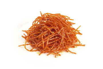 Fototapeta premium Spicy Dried Shredded Squid Jerky Asian Snack Food on White Background