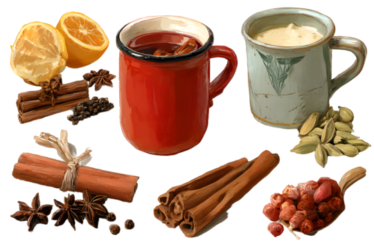 png. a set of spices for a warming drink in winter. ingredients for winter hot drinks (tea, mulled wine, punch).