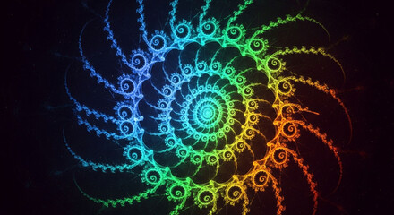 Abstract fractal spiral with vibrant rainbow colors against a dark background, creating a mesmerizing and intricate design with geometric patterns