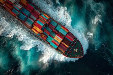 Top down aerial view of large cargo container ship moving through rough ocean waves in international logistics
