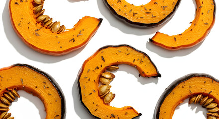 Roasted slices of acorn squash isolated on white background for autumn
