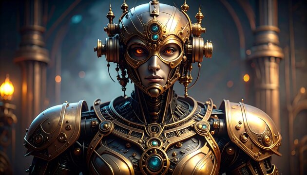 Golden robot woman in ornate armor - Powered by Adobe