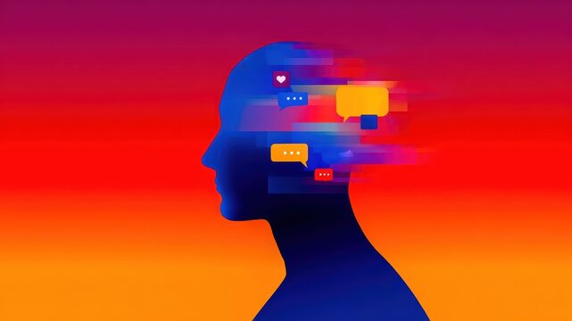 Digital illustration silhouette head colorful gradient background social media icons communication technology modern abstract vibrant