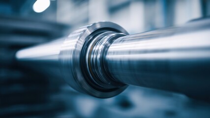 Close up of industrial metal shaft with bearing, shiny surface, blue tone, precision engineering, manufacturing, technology