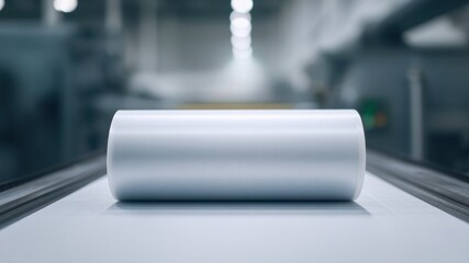 Industrial plastic film roll on conveyor, smooth surface, manufacturing process, modern factory, technology, efficiency, clean environment